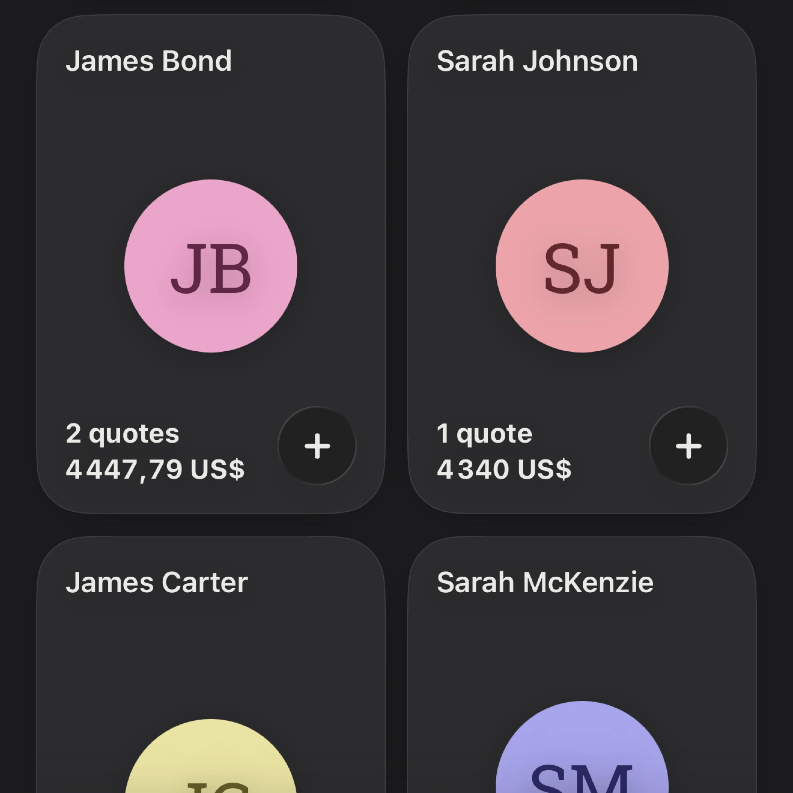Verbal's client grid, with each card showing a client and their quote total.