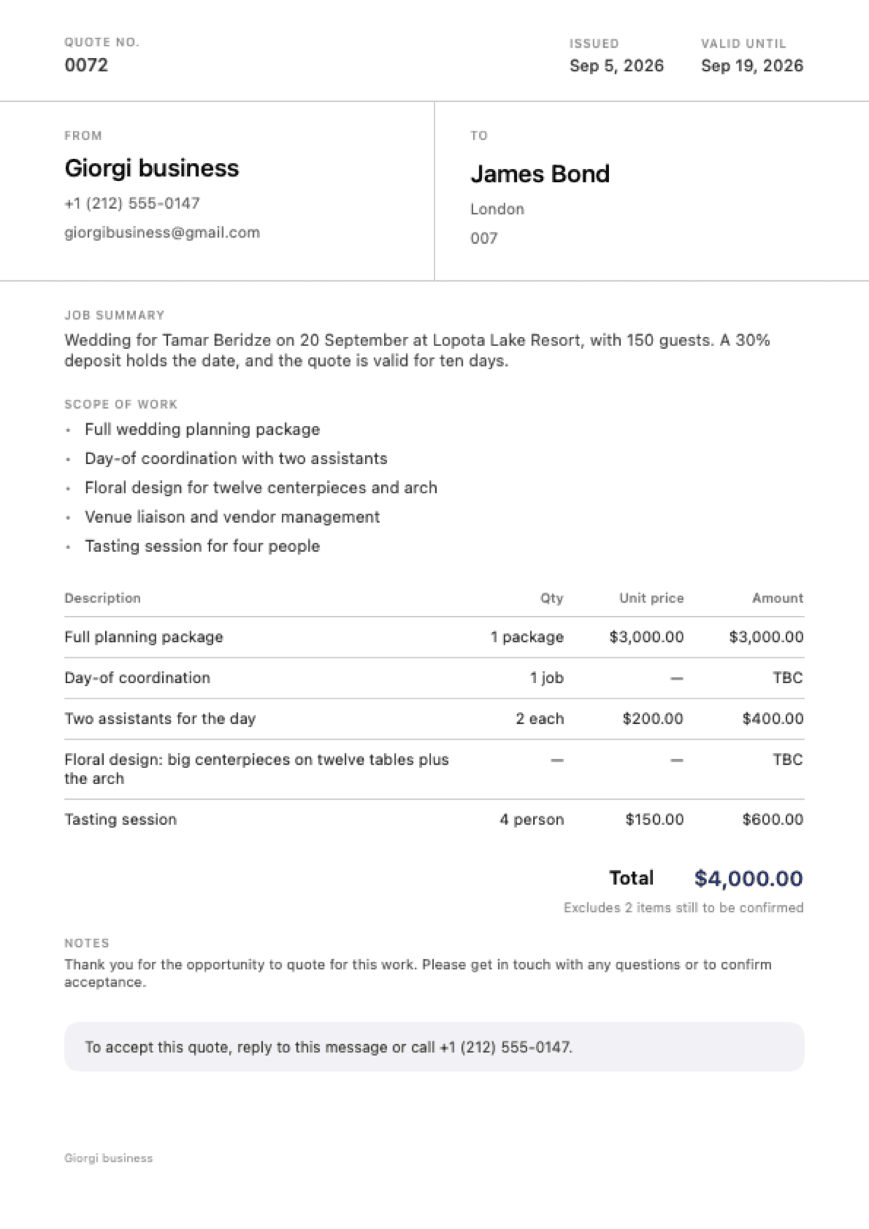 The quote as the client receives it: an A4 page with the job summary, the scope of work, priced line items and a total of $4,000.
