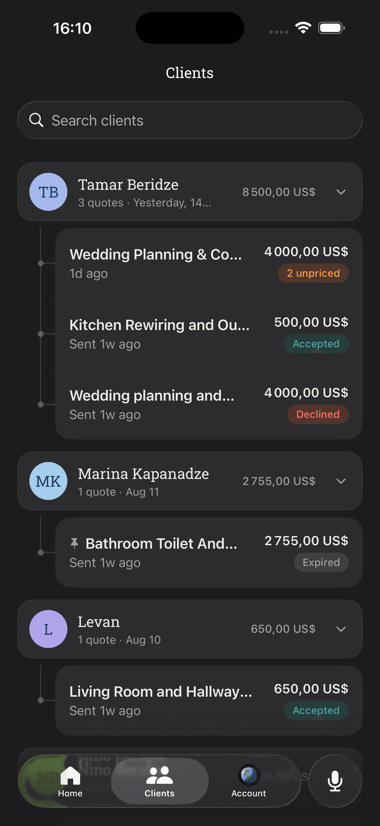 Verbal's client list in dark mode, each client opened out to the quotes made for them, marked accepted, declined and expired.