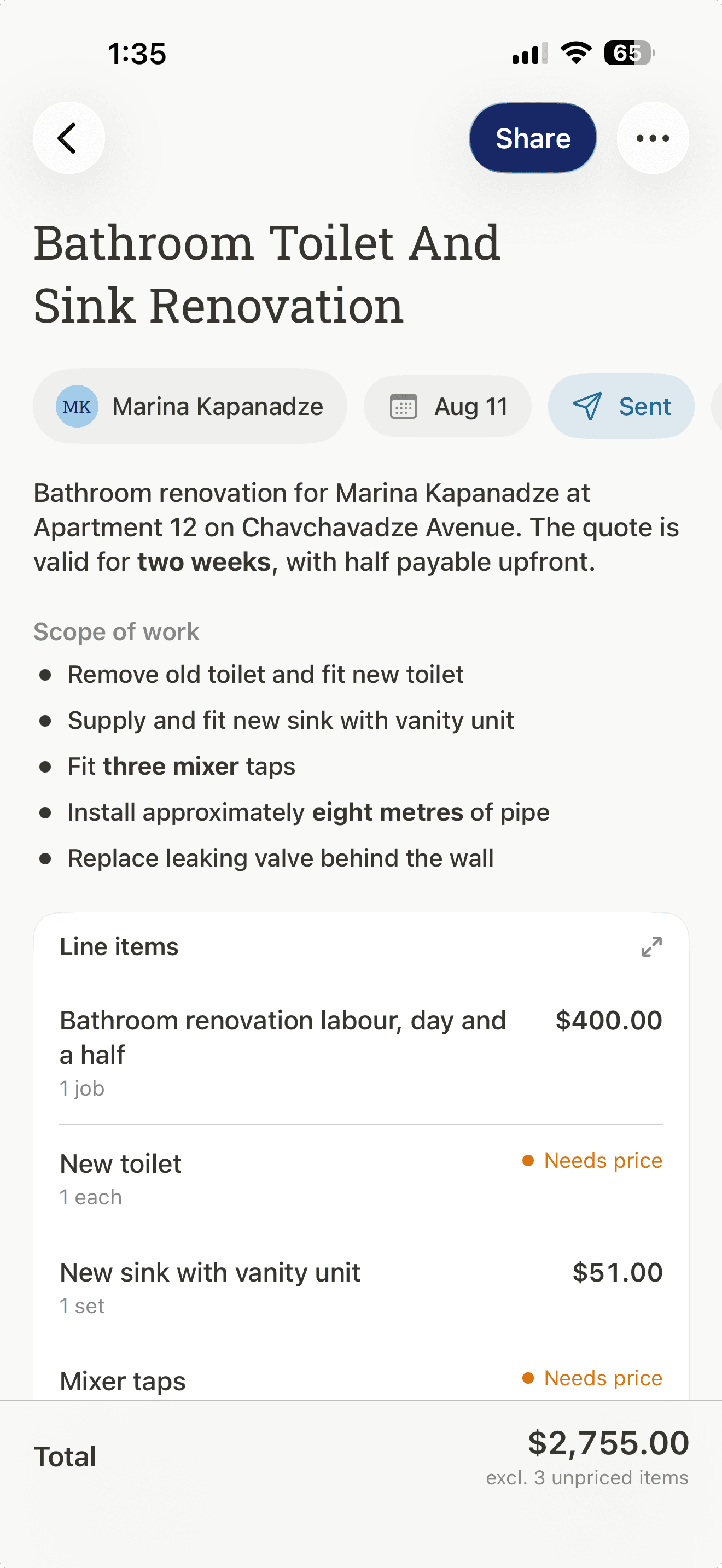 The quote that came back: a summary, a scope of work, line items priced from the rate card, three of them marked as needing a price, and a total that says it excludes those three.
