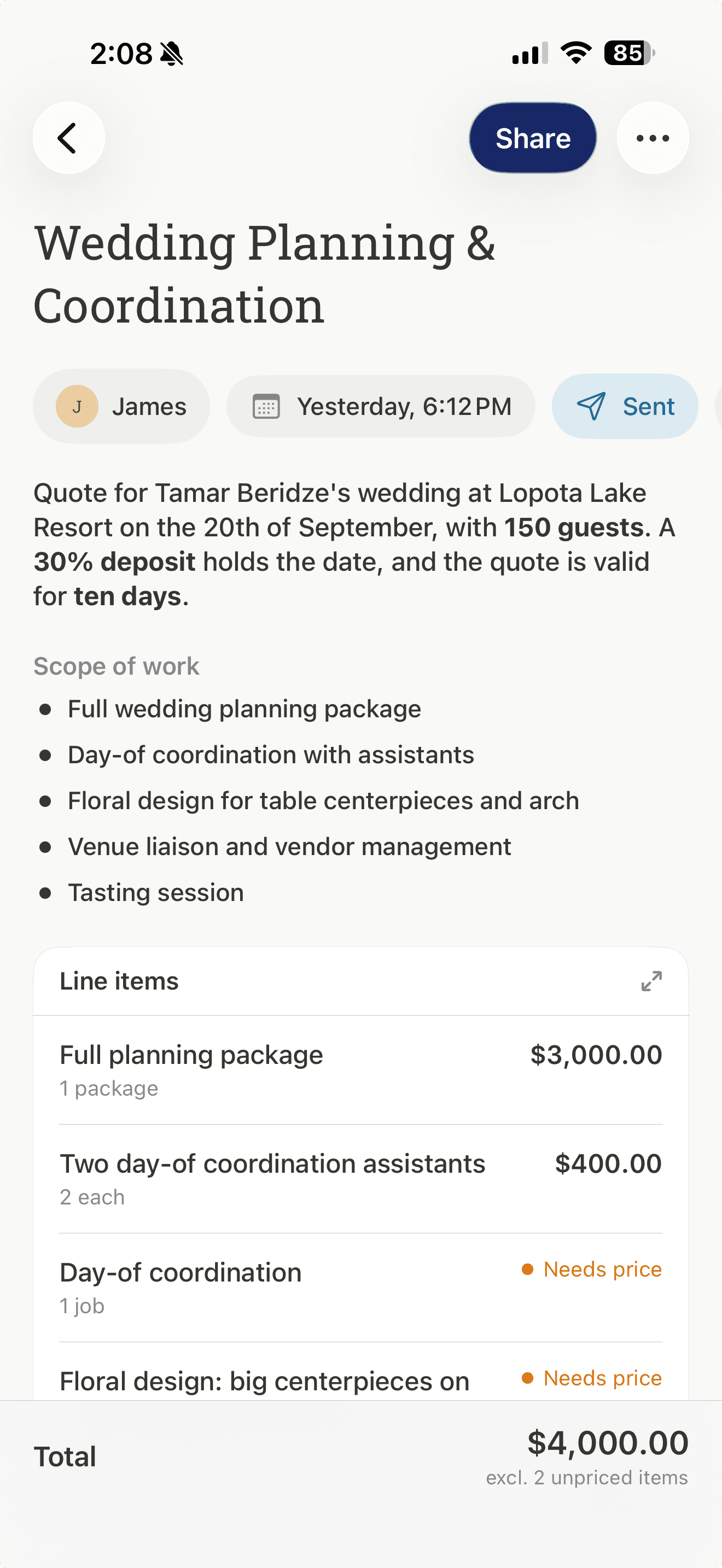 A quote open in Verbal, two of its line items still marked as needing a price.